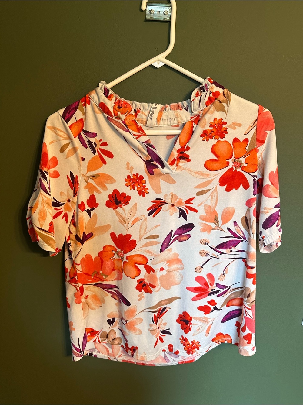 PerSeption Concept White Floral Ruffle Neck Short Sleeve Blouse